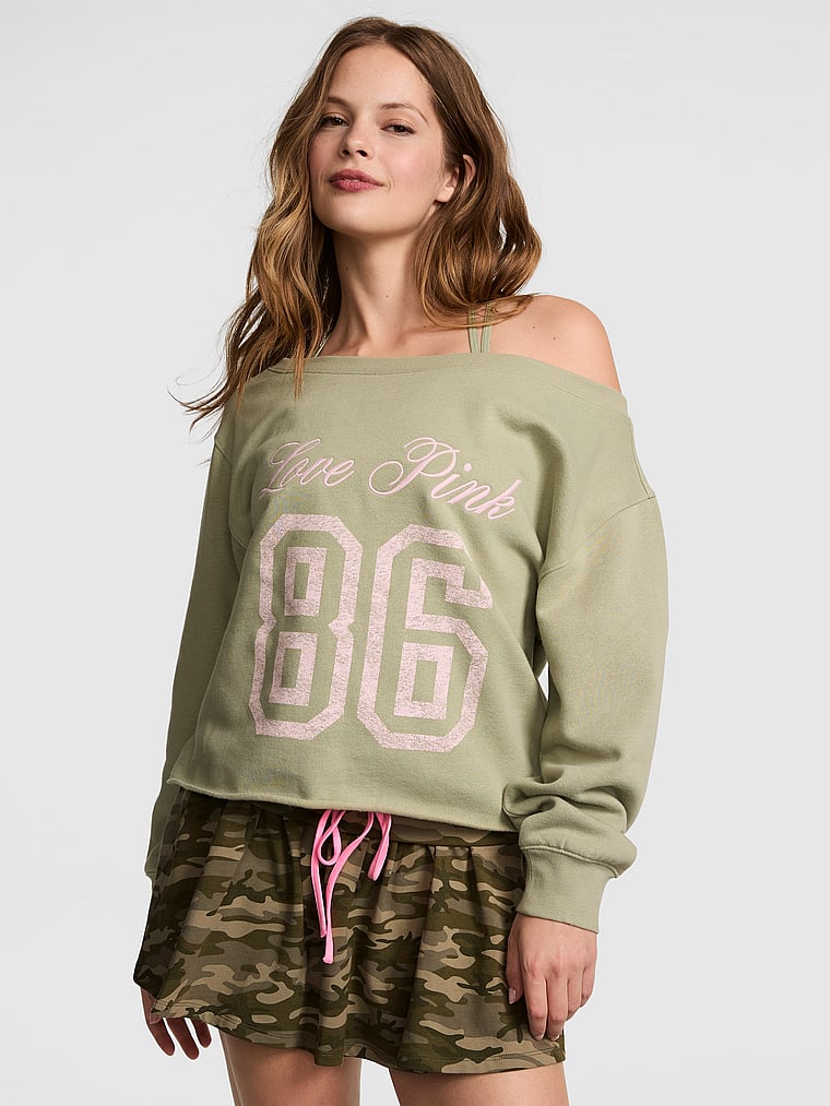 PINK Campus Fleece™ Rib Off-The-Shoulder Sweatshirt, Slate Green, onModelFront, 1 of 3 Taylor is 5'8" and wears Small