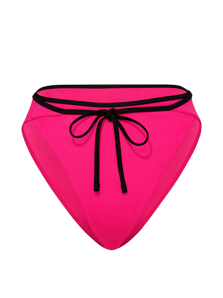 PINK SWIM Ribbed High-Waisted Cheeky Bikini Bottom, Hot Stuff, offModelFront, 4 of 4