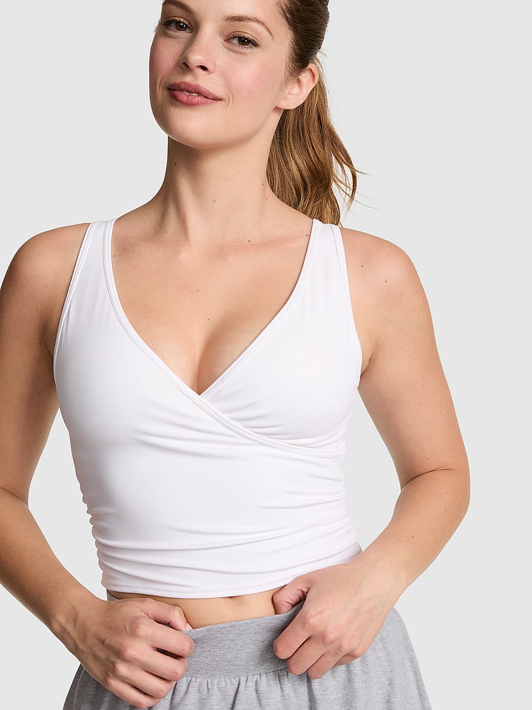 PINK PINK Relay™ Ruched Wrap Bra Tank, White, onModelFront, 1 of 3 Taylor is 5'8" and wears Small
