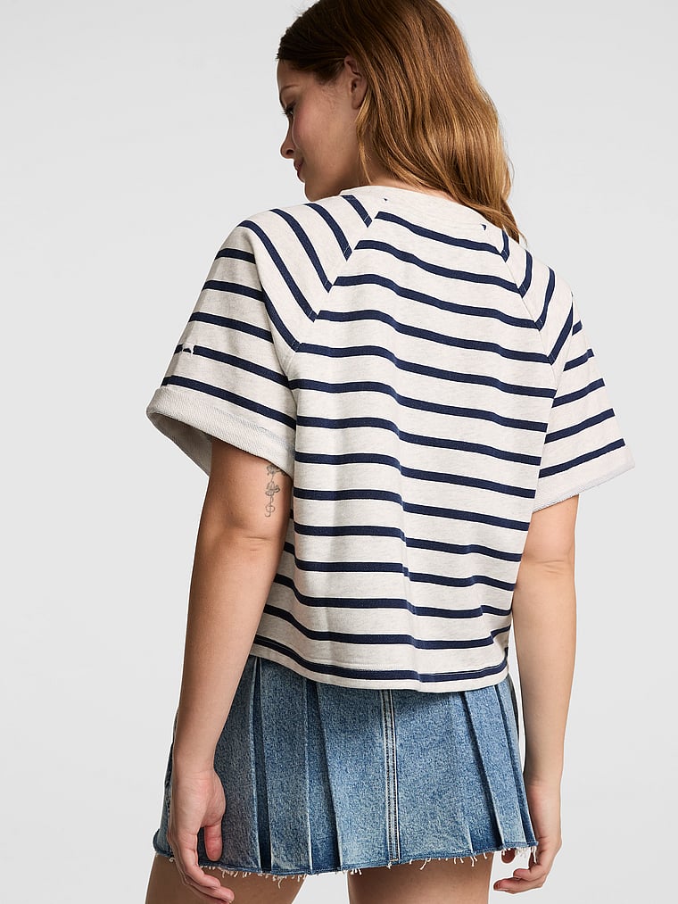 PINK Campus Terry™ Short-Sleeve Crew Sweatshirt, Noir Navy Stripe, onModelBack, 2 of 5 Taylor is 5'8" or 173cm and wears Small