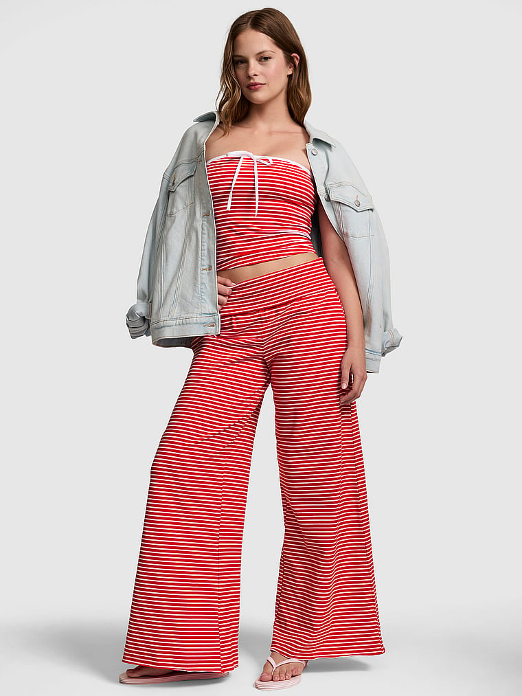PINK All-Day Cotton™ Foldover Wide-Leg Pants, Red Stripe, onModelFront, 1 of 3 Taylor is 5'8" or 173cm and wears Small