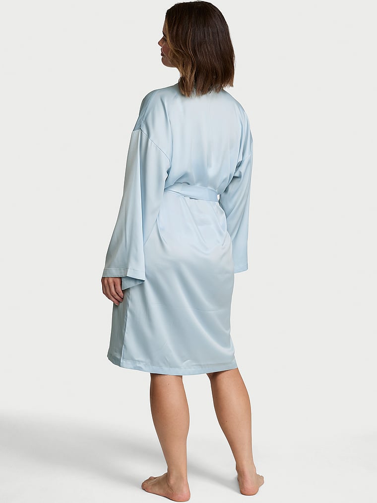 Victoria's Secret, Victoria's Secret Signature Satin Midi Robe, Linen Blue, onModelBack, 3 of 4