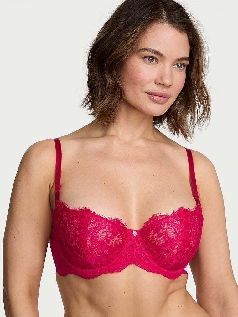 Victoria's Secret, Dream Angels Wicked Unlined Lace Balconette Bra, Vibrant Fuchsia, onModelFront, 1 of 4