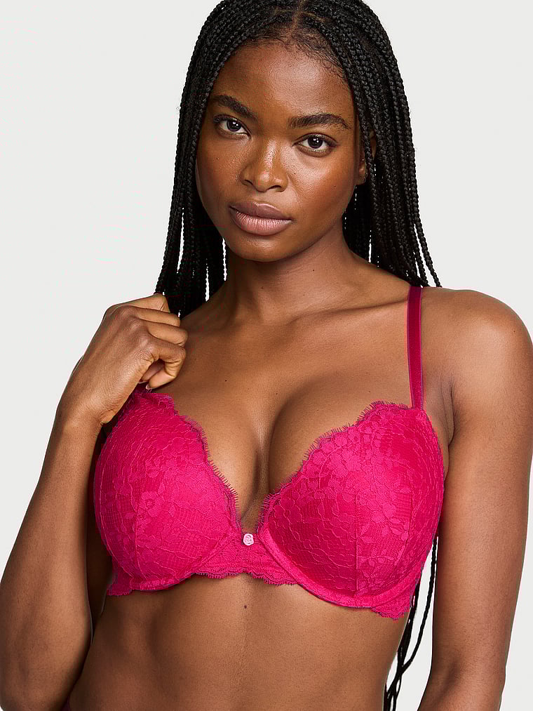 Victoria's Secret, Dream Angels Smooth & Lace Push-Up Bra, Vibrant Fuchsia, onModelFront, 1 of 3