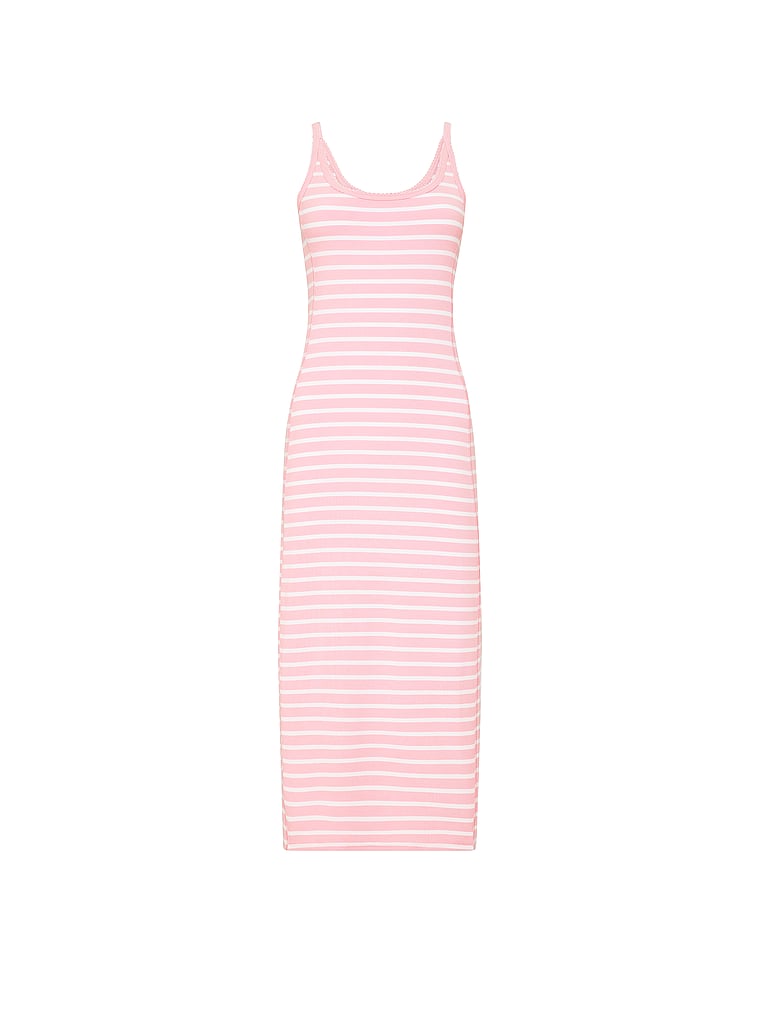 PINK All-Day Soft Rib High-Neck Midi Dress, Dollhouse & White Stripes, offModelFront, 3 of 4