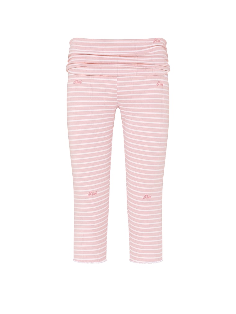 PINK Soft Luxe Pointelle Foldover Capri Pants, Dollhouse Pink Stripes, offModelFront, 4 of 4