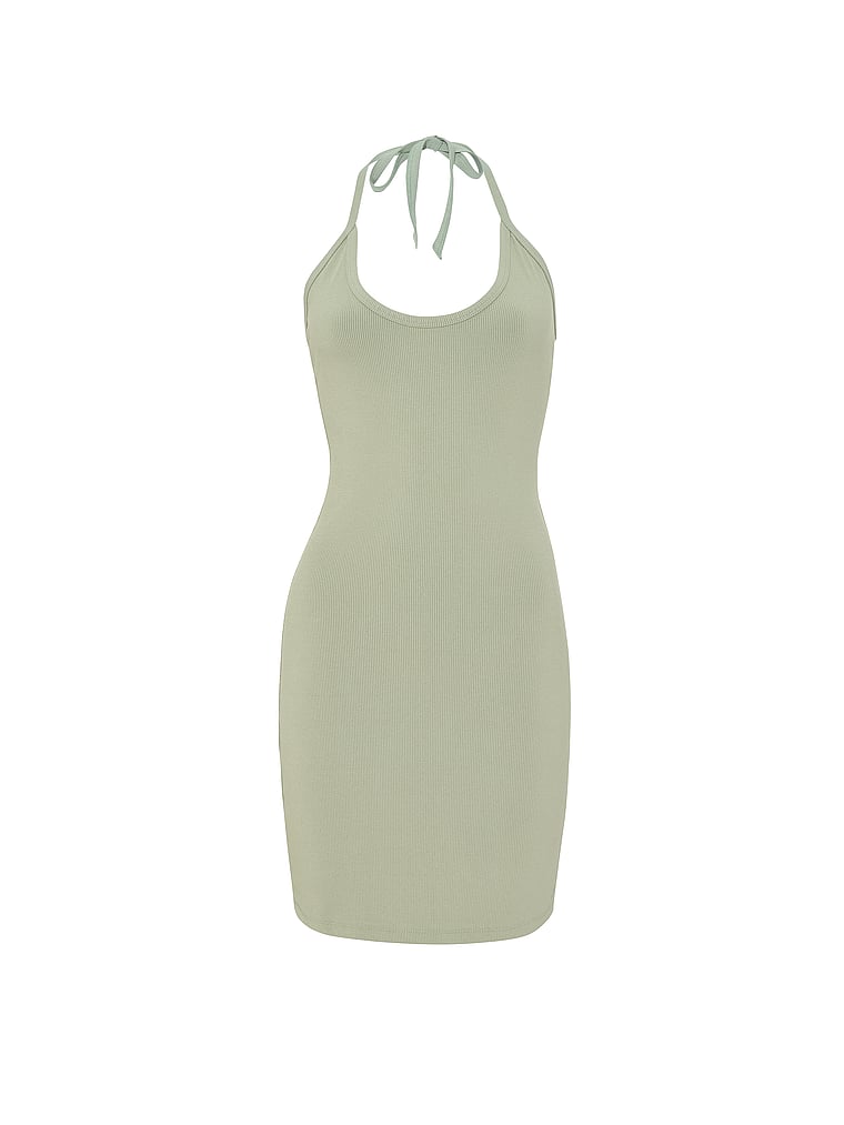 PINK All-Day Soft Rib Halter Dress, Slate Green, offModelFront, 3 of 3
