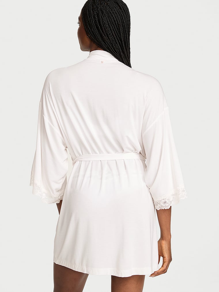 Victoria's Secret, Victoria's Secret SoSoft™ Modal Lace-Trim Bridal Short Robe, Coconut White, onModelBack, 2 of 4