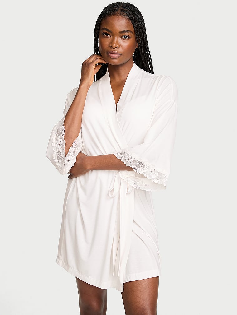 Victoria's Secret, Victoria's Secret SoSoft™ Modal Lace-Trim Bridal Short Robe, Coconut White, onModelFront, 1 of 4
