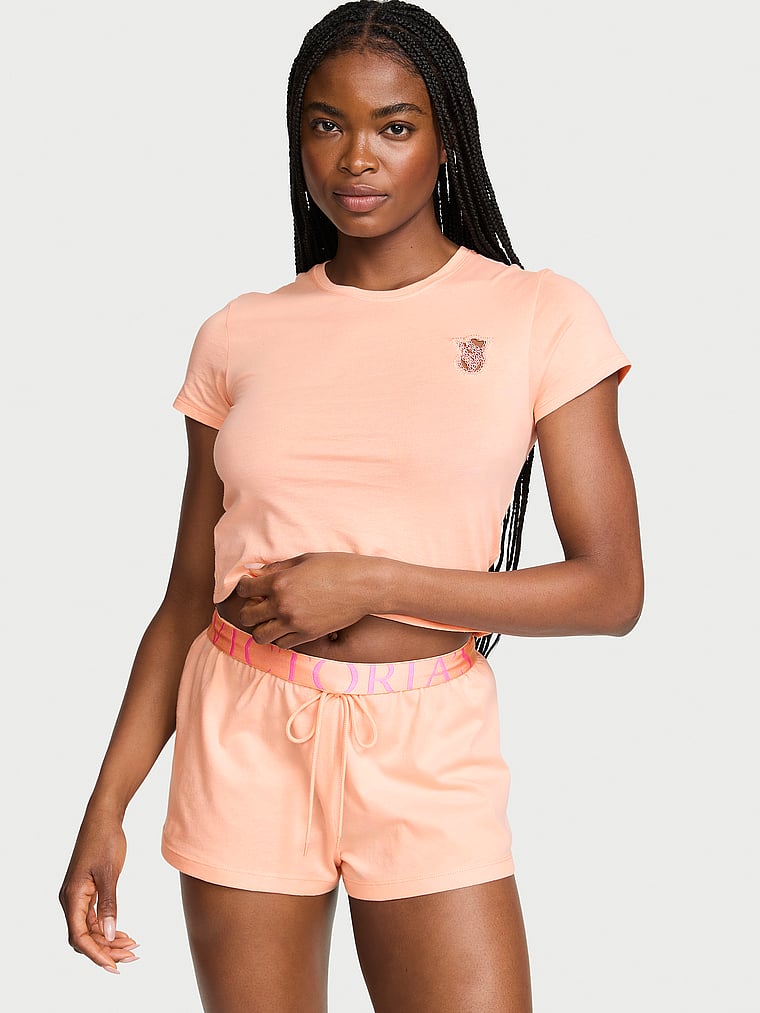 Victoria's Secret, Victoria's Secret 100% Cotton Lace Patch Short Pajama Set, Pink Gin, onModelFront, 1 of 3