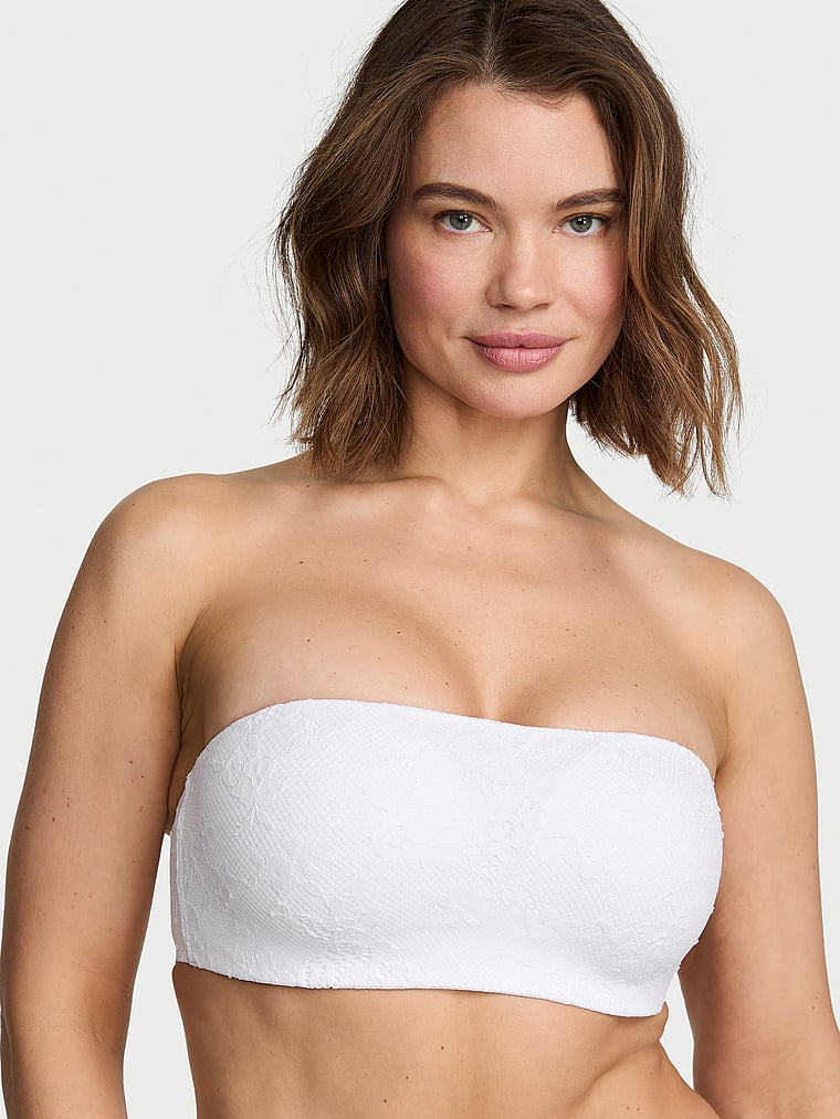 Victoria's Secret, Invisible by Victoria’s Secret Lace Push-Up Wireless Bandeau Strapless Bra, VS White, onModelFront, 2 of 3