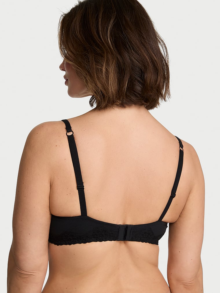 Victoria's Secret, The T-shirt Cotton Lace-Trim Unlined Demi Bra, Black, onModelBack, 2 of 3