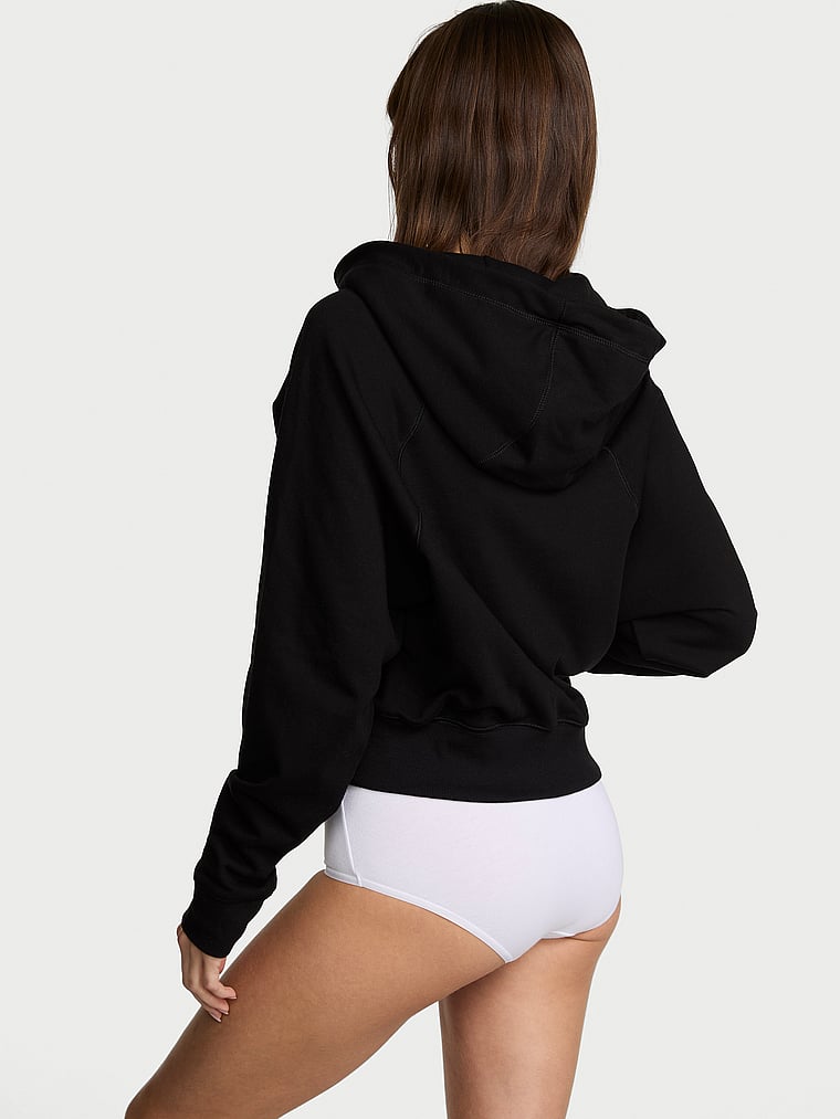 Victoria's Secret, Angel Essentials Off-Duty Terry Crop Full-Zip Hoodie, Pure Black, onModelBack, 2 of 3 Ari is 5'9" and wears Small