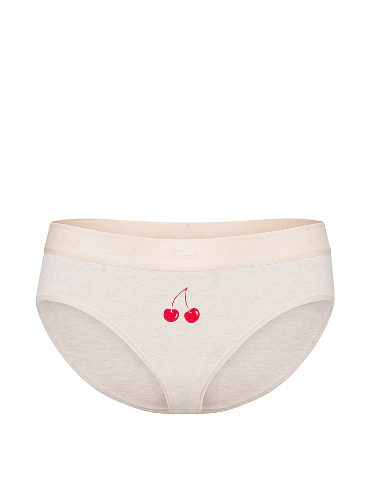 PINK Logo Cotton Hiphugger Panty, Natural Heather With Cherry Graphic, offModelFront, 3 of 3