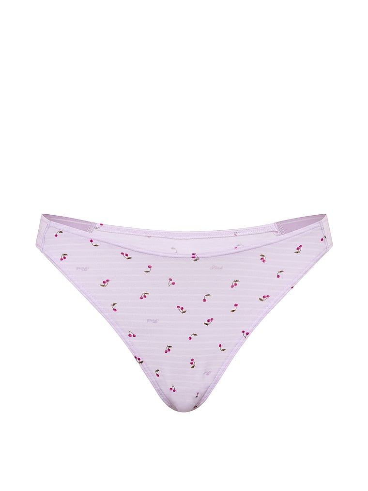 PINK Logo Cotton High-Leg Thong Panty, Purple Whisper Stripe Cherry Print, offModelFront, 3 of 3
