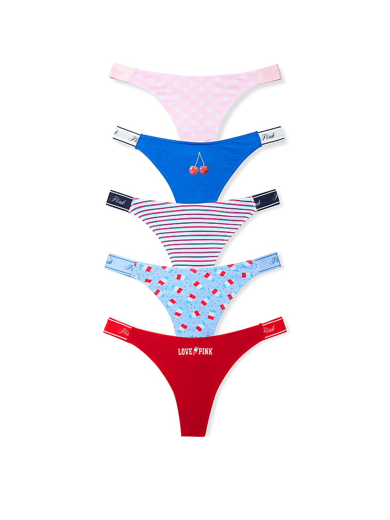PINK 5-Pack Logo Cotton High-Leg Thong Panties, Americana Pack, onModelFront, 1 of 1