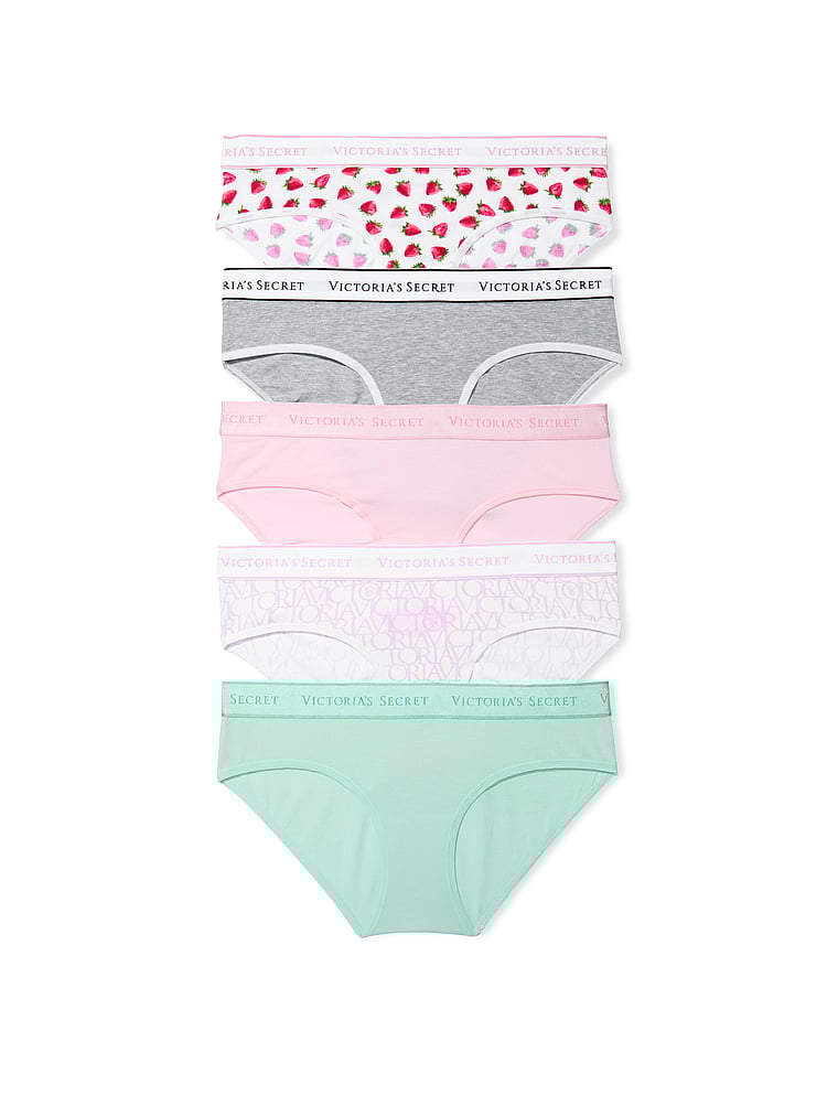 Victoria's Secret, Victoria's Secret 5-Pack Logo Cotton Hiphugger Panties, Multi, offModelFront, 1 of 1
