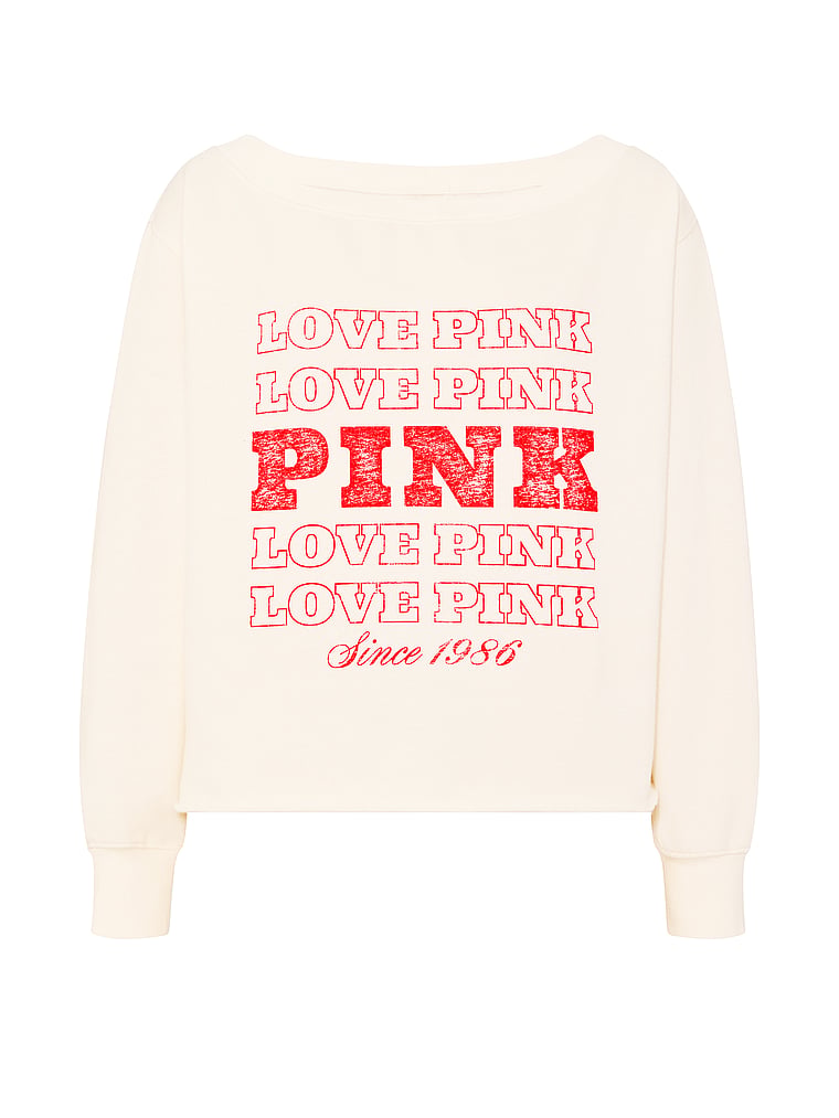 PINK Campus Fleece™ Rib Off-The-Shoulder Sweatshirt, Winter White, offModelFront, 4 of 4