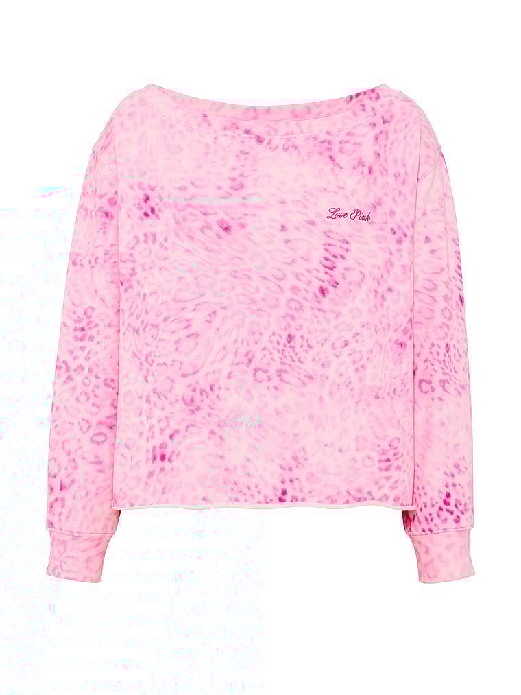 PINK Campus Fleece™ Rib Off-The-Shoulder Sweatshirt, Pink Leopard, offModelFront, 4 of 4