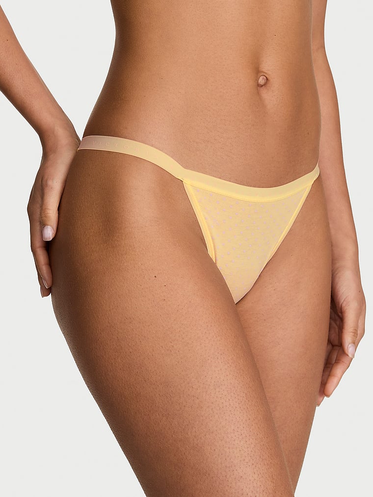 Victoria's Secret, Victoria's Secret Cotton Pointelle Floral Lace-Trim String Bikini Panty, Lemonade Pink Dot, onModelFront, 1 of 3 Nisaa is 5'9" or 175cm and wears Small
