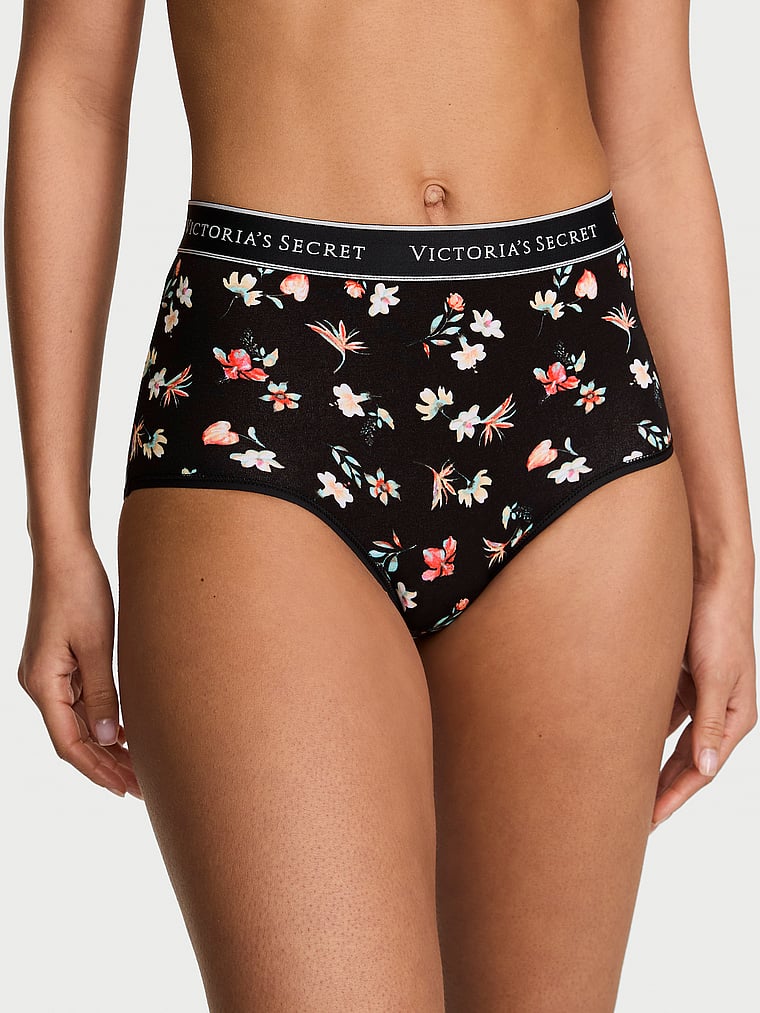 Victoria's Secret, Cotton Logo Cotton Shine Patch Velvet Modern Brief Panty, Black Floral, onModelFront, 1 of 3 Nisaa is 5'9" or 175cm and wears Small