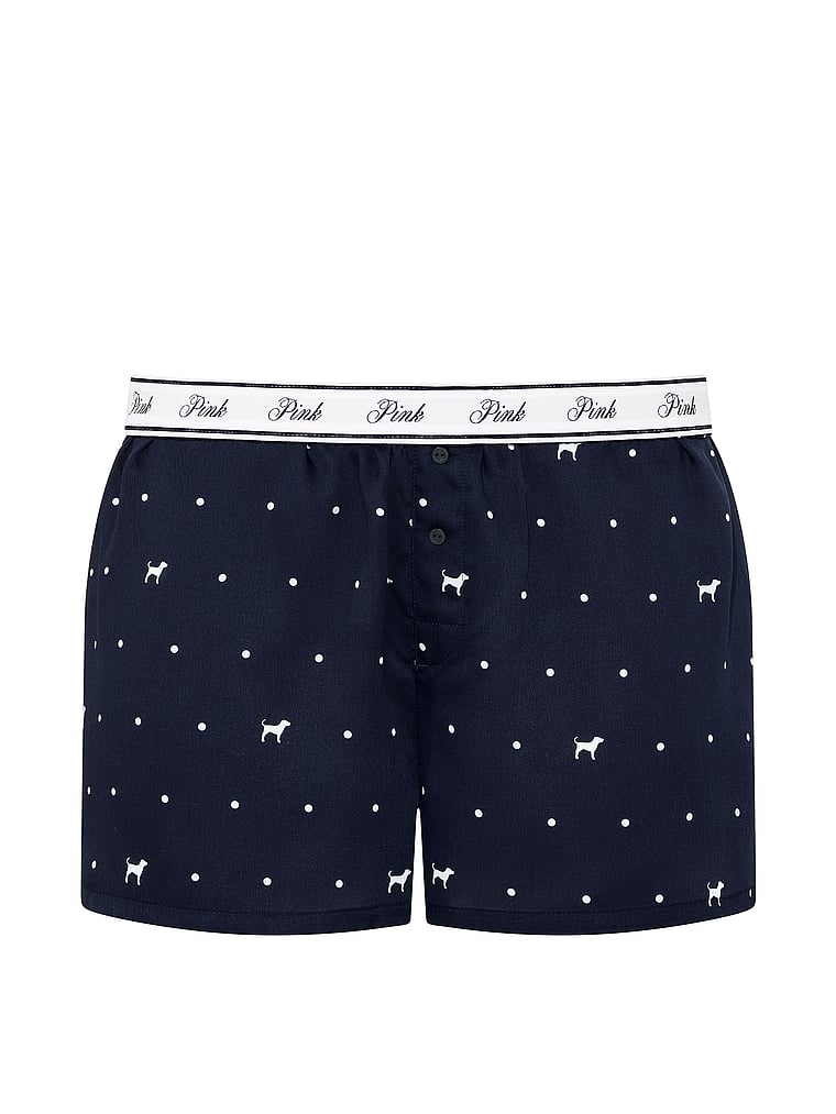 PINK Cotton Boxy Pajama Shorts, Noir Navy Dot & Dog, offModelFront, 3 of 3