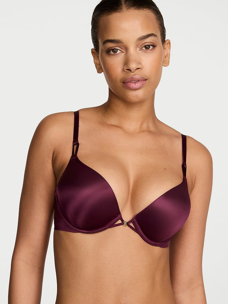 Victoria's Secret, Very Sexy Bombshell Logo Shine Strap Add-2-Cups Push-Up Bra, Rich Maroon, onModelFront, 3 of 4 Nisaa is 5'9" or 175cm and wears 34B or Small