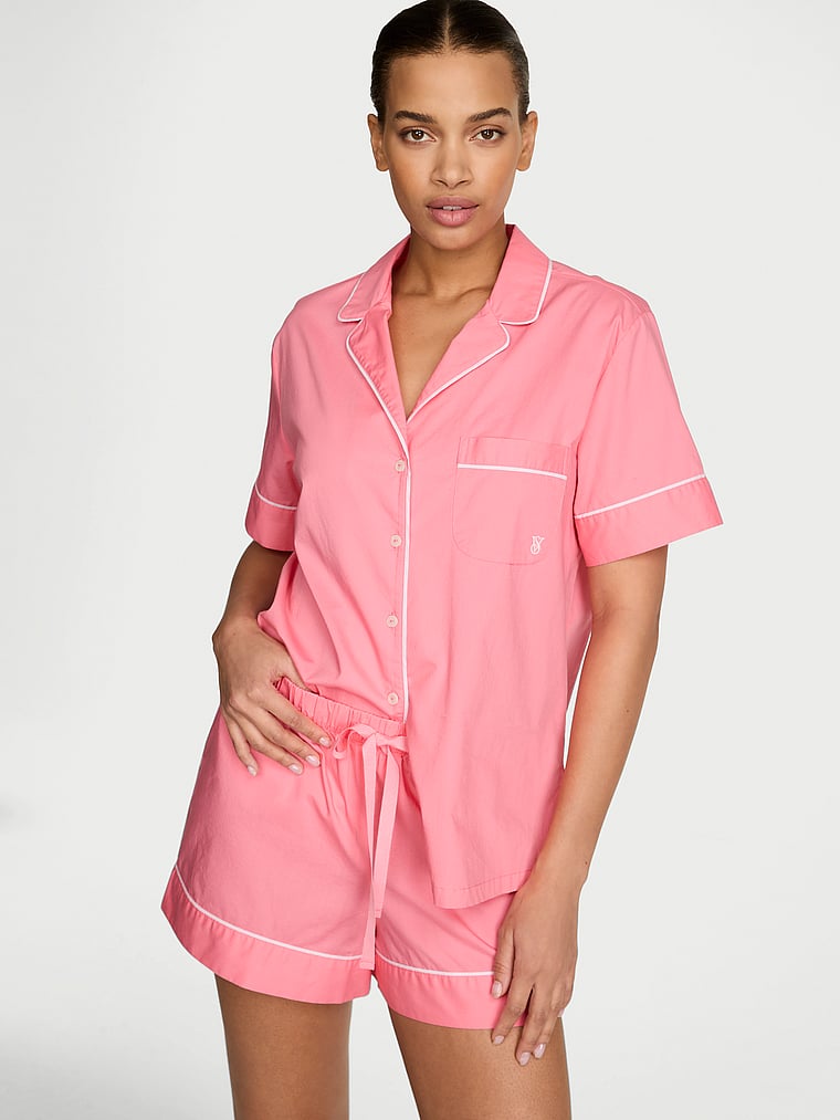 Victoria's Secret, Victoria's Secret Heritage Cotton Short Pajama Set, Pink Cocktail, onModelFront, 1 of 4 Nisaa is 5'9" and wears S/Regular