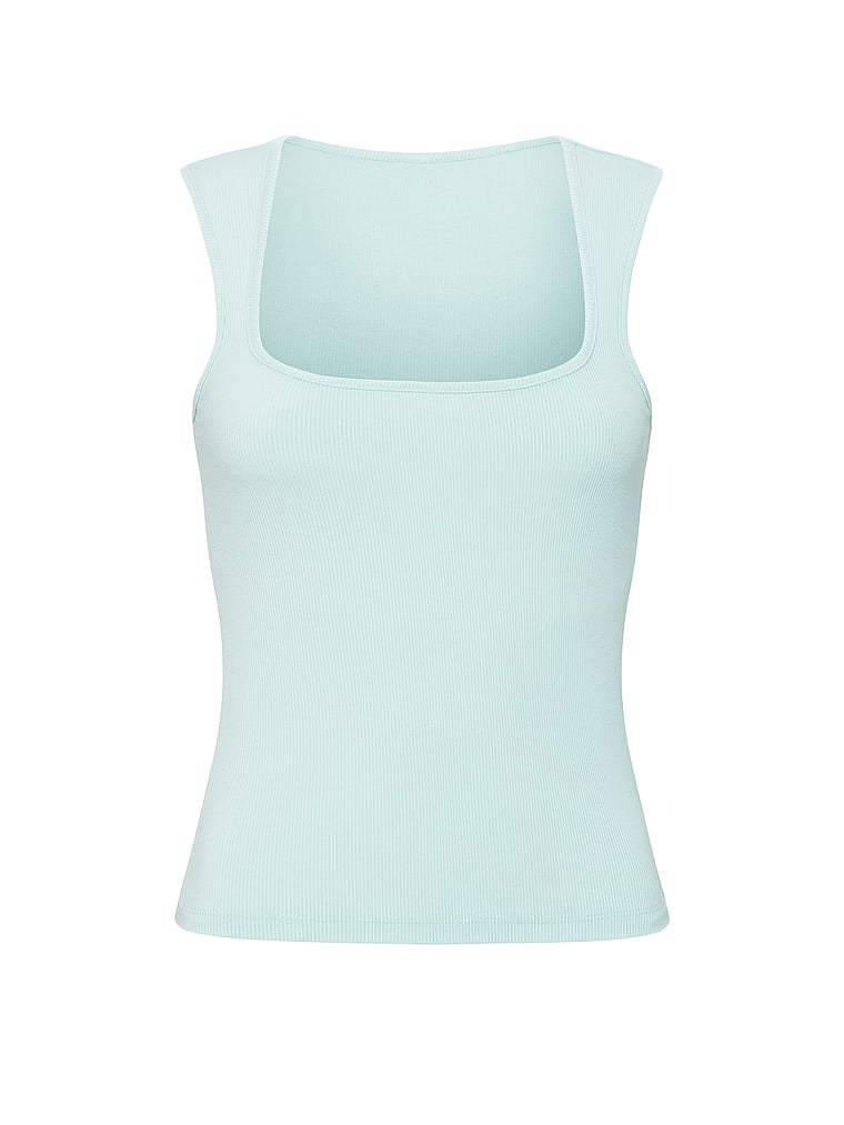 PINK All-Day Soft Rib Square-Neck Tank Top, Spray Blue, offModelFront, 4 of 4