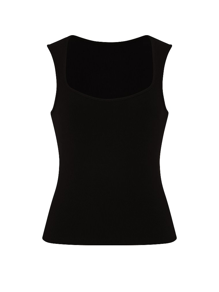 PINK All-Day Soft Rib Square-Neck Tank Top, Pure Black, offModelFront, 3 of 3