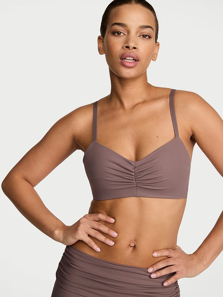 Victoria's Secret, VSX VSX Elevate™ Rib Ruched Sports Bra, Cloudy Grey, onModelFront, 1 of 3 Nisaa is 5'9" and wears 34B or Small