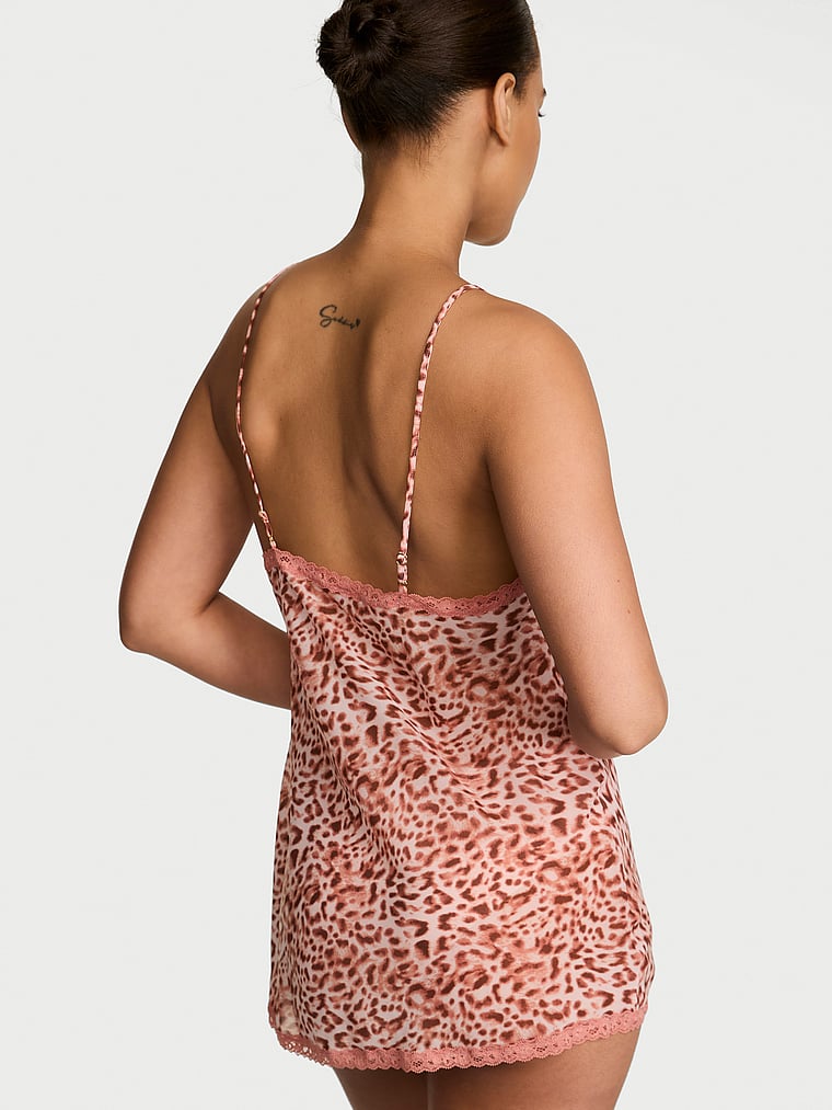 Victoria's Secret, Dream Angels Chiffon Lace-Trim Mini Slip Dress, Angel Pink Leopard, onModelBack, 2 of 3 Nisaa is 5'9" and wears Small