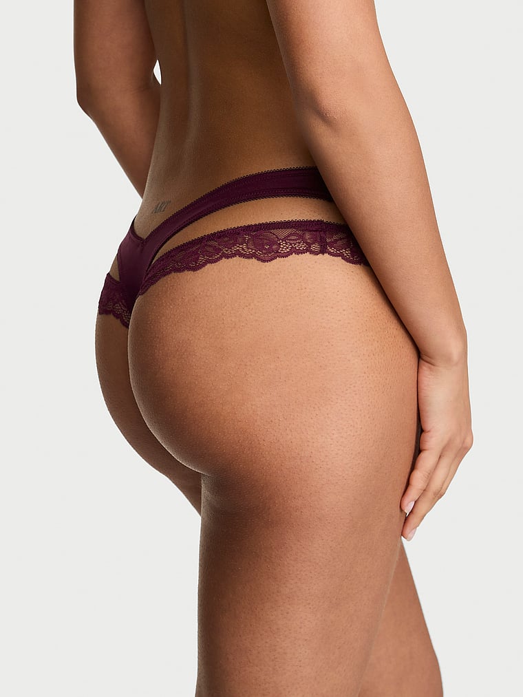 Victoria's Secret, Very Sexy Lace Strappy Hardware Peekaboo Thong Panty, Rich Maroon, onModelBack, 4 of 4 Nisaa is 5'9" or 175cm and wears Small