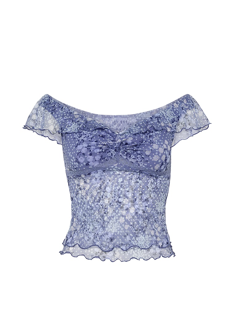 PINK Oﬀ-The-Shoulder Ruﬄe Top, Dusty Iris Floral, offModelFront, 3 of 3