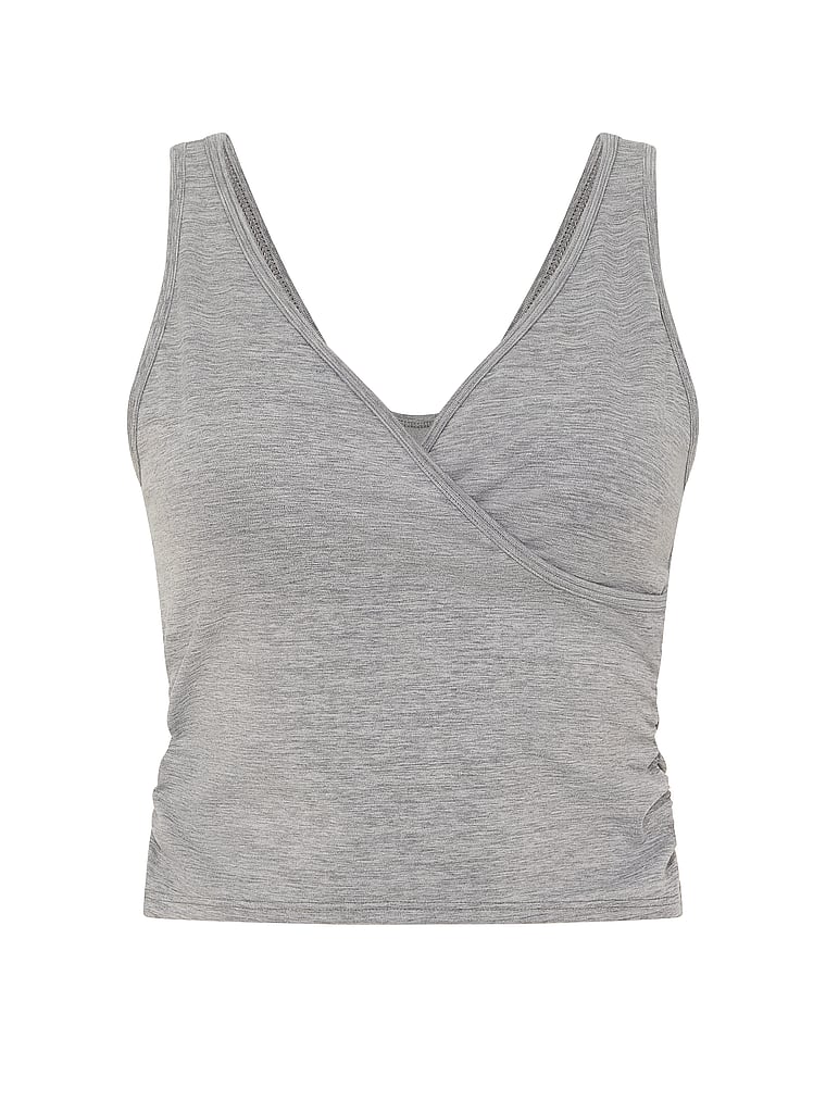 PINK PINK Relay™ Ruched Wrap Bra Tank, Night Owl Grey Marl, offModelFront, 3 of 3