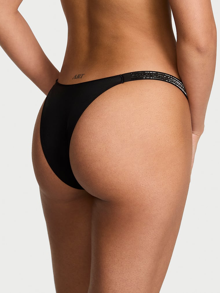 Victoria's Secret, Very Sexy Shine Strap Lace Crotchless Brazilian Panty, Black, onModelBack, 4 of 4 Nisaa is 5'9" and wears Small