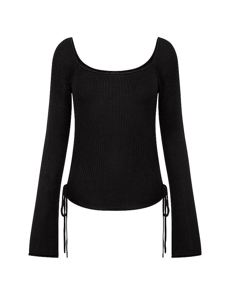 PINK Side-Ruched Oﬀ-The-Shoulder Sweater, Pure Black, offModelFront, 3 of 4