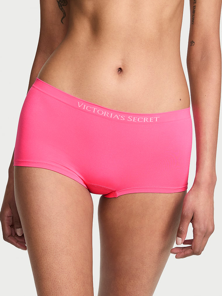 Victoria's Secret, Seamless Seamless Boyshort Panty, Bombshell Pink, onModelFront, 1 of 3