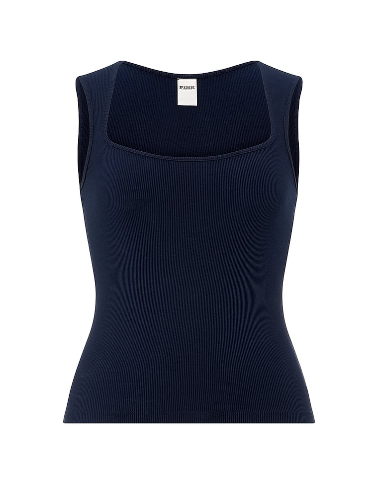 PINK All-Day Soft Rib Square-Neck Tank Top, Noir Navy, offModelFront, 3 of 3
