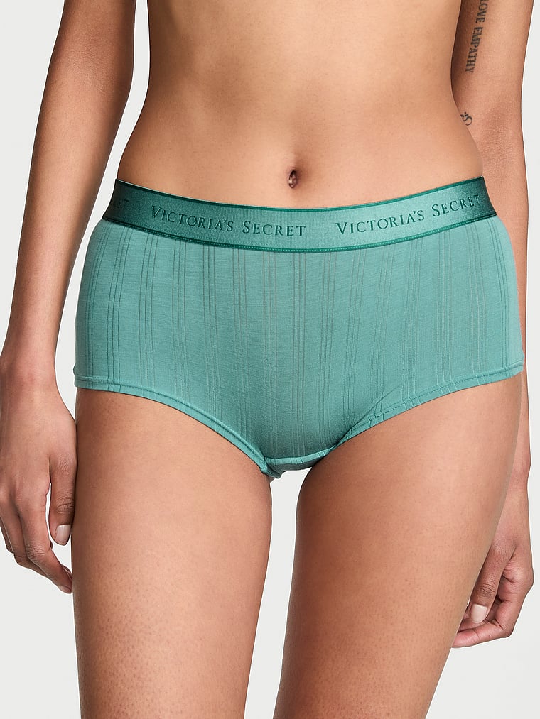 Victoria's Secret, Cotton Logo Cotton Lace Patch Boyshort Panty, Gentle Green, onModelFront, 1 of 3