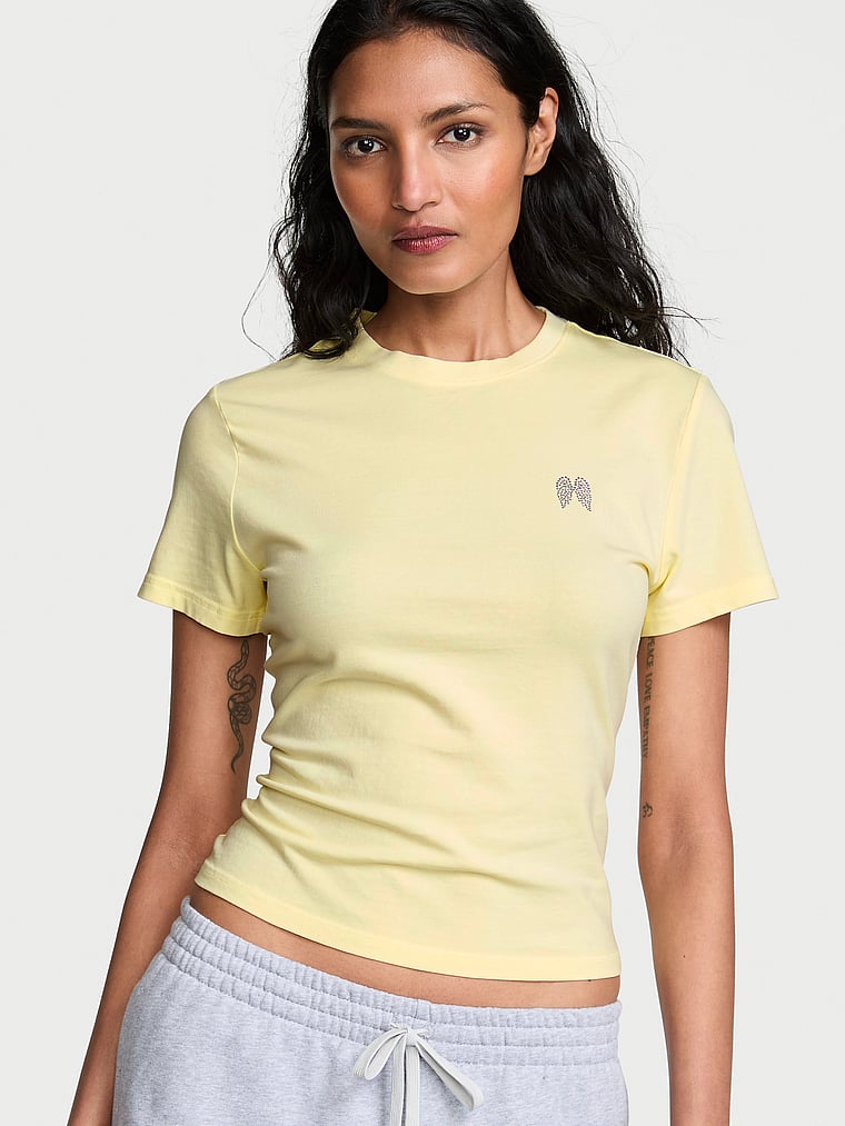 Victoria's Secret, Angel Essentials Stretch Cotton Fitted Tee, Washed Lemonade, onModelFront, 1 of 3