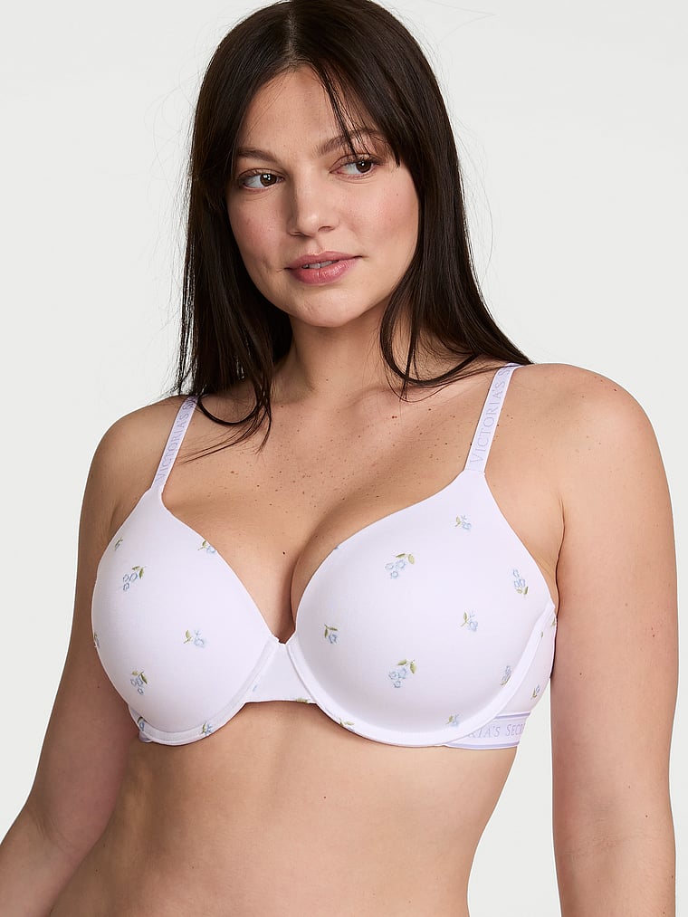 Victoria's Secret, The T-shirt Cotton Logo Hardware Lightly Lined Full-Coverage Bra, White Floral, onModelFront, 1 of 3