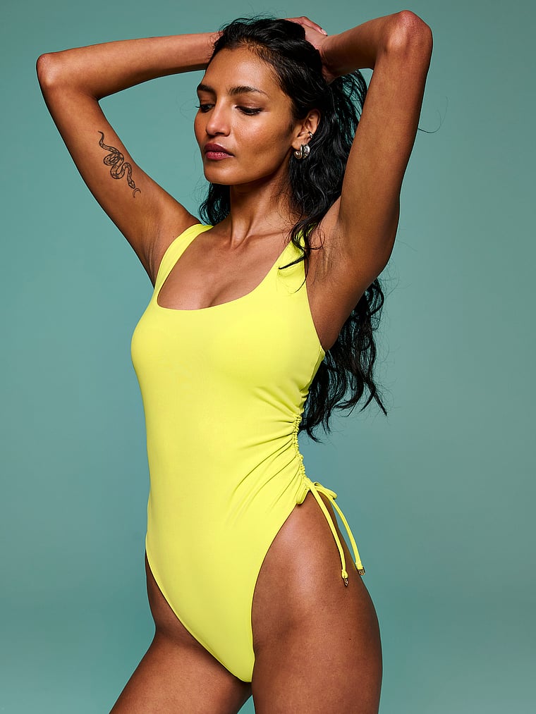 Victoria's Secret, Victoria's Secret Swim Itsy One-Piece Swimsuit, Electric Citron, onModelFront, 1 of 4 Shaanti is 5'9" and wears Small
