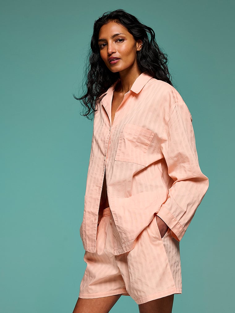 Victoria's Secret, Victoria's Secret Heritage Cotton Long-Sleeve Short Pajama Set, Pink Gin, onModelSide, 1 of 5 Shaanti is 5'9" and wears S/Regular