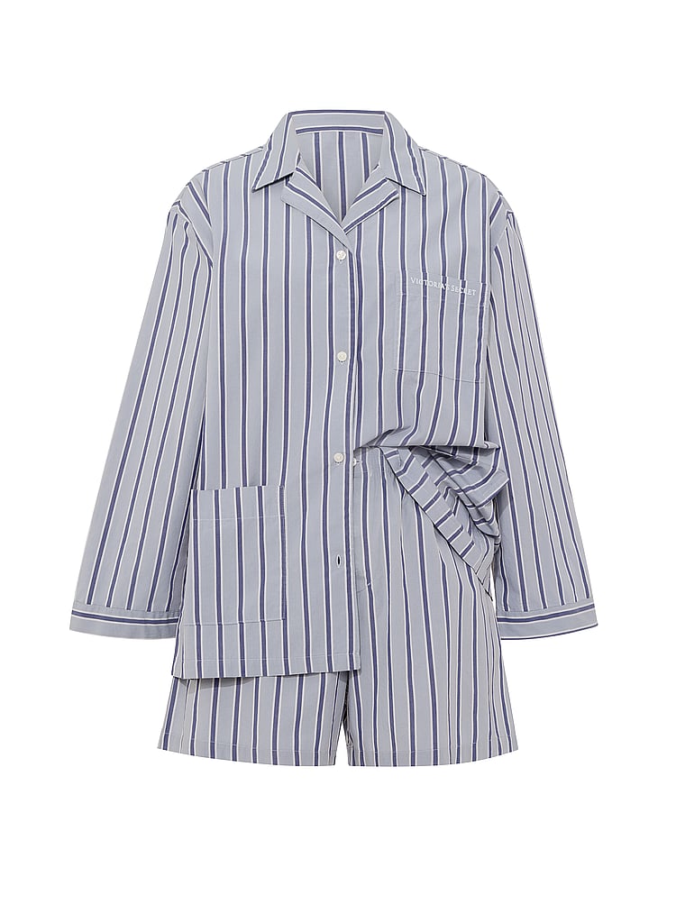 Victoria's Secret, Victoria's Secret Heritage Cotton Long-Sleeve Short Pajama Set, Blue Grey Stripes, offModelFront, 3 of 4