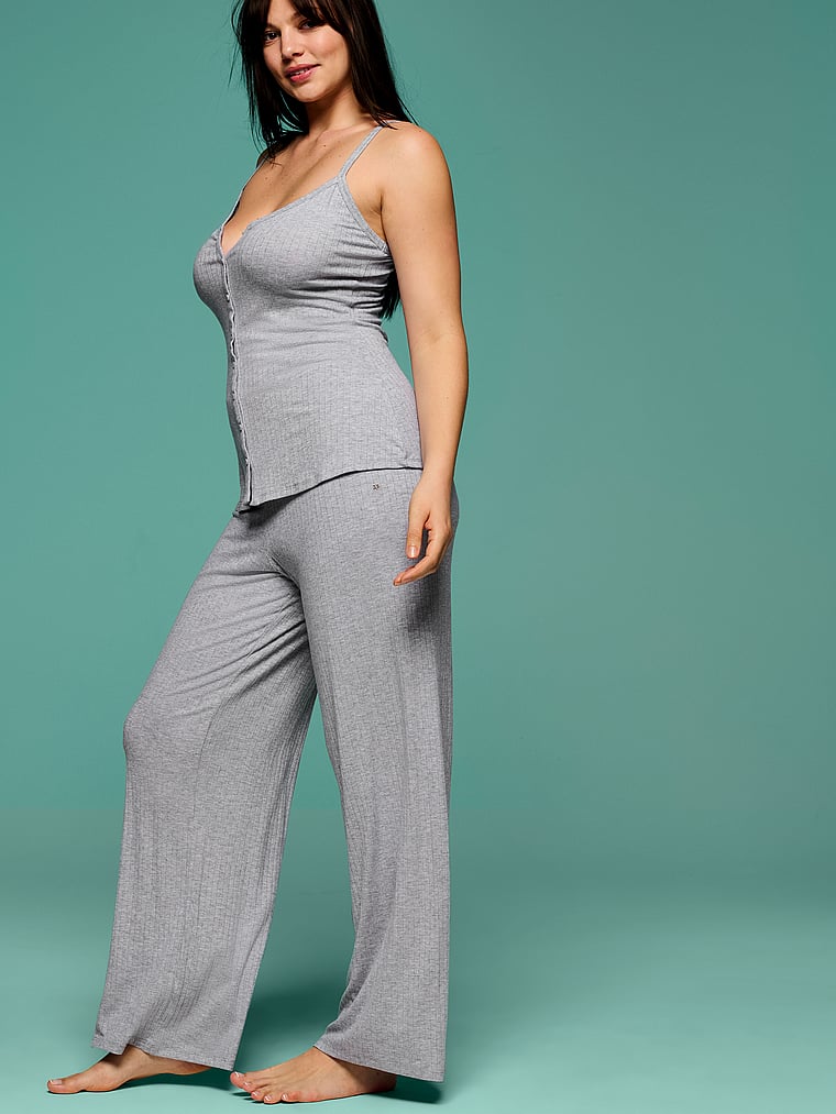 Victoria's Secret, Victoria's Secret SoSoft™ Modal Wide-Rib Button-Front Cami & Pants Set, Medium Heather Grey, onModelSide, 3 of 4