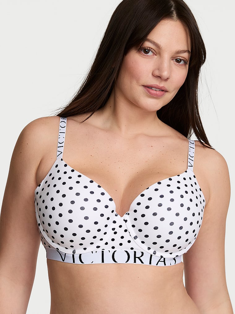 Victoria's Secret, The T-shirt Cotton Embroidered Lightly Lined Demi Bra, White Dots, onModelFront, 1 of 3