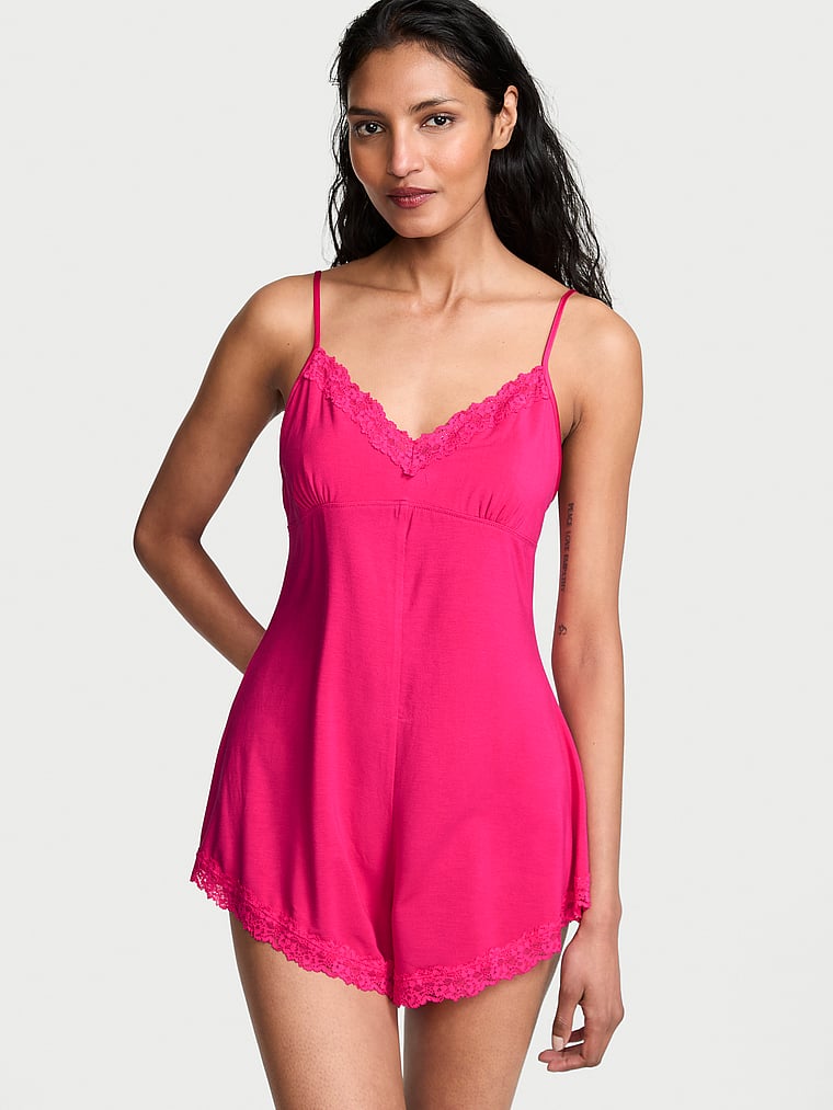 Victoria's Secret, Victoria's Secret SoSoft™ Modal Lace-Trim Romper, Pop Pink, onModelFront, 1 of 4