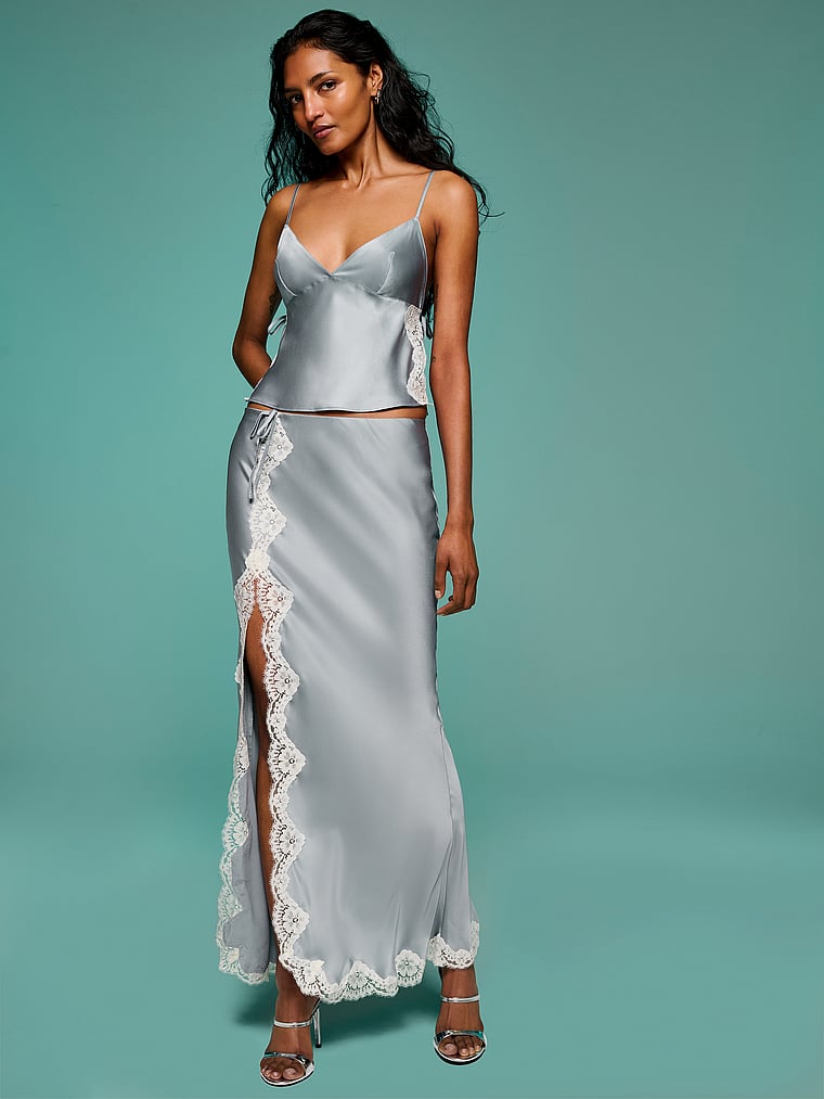 Victoria's Secret, Dream Angels Satin Lace-Trim Cami & Maxi Skirt Set, Sterling, onModelSide, 1 of 4 Shaanti is 5'9" and wears Small
