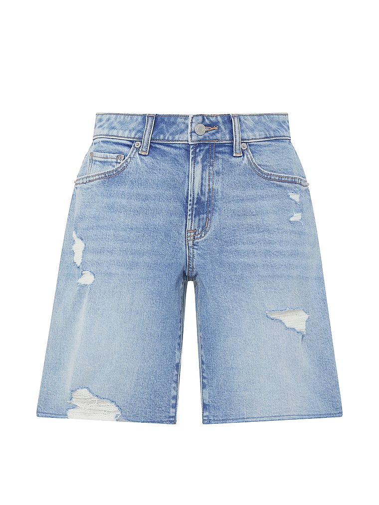 PINK Denim by PINK Mid-Rise Baggy Jorts, Blue Stone Wash, offModelFront, 3 of 3